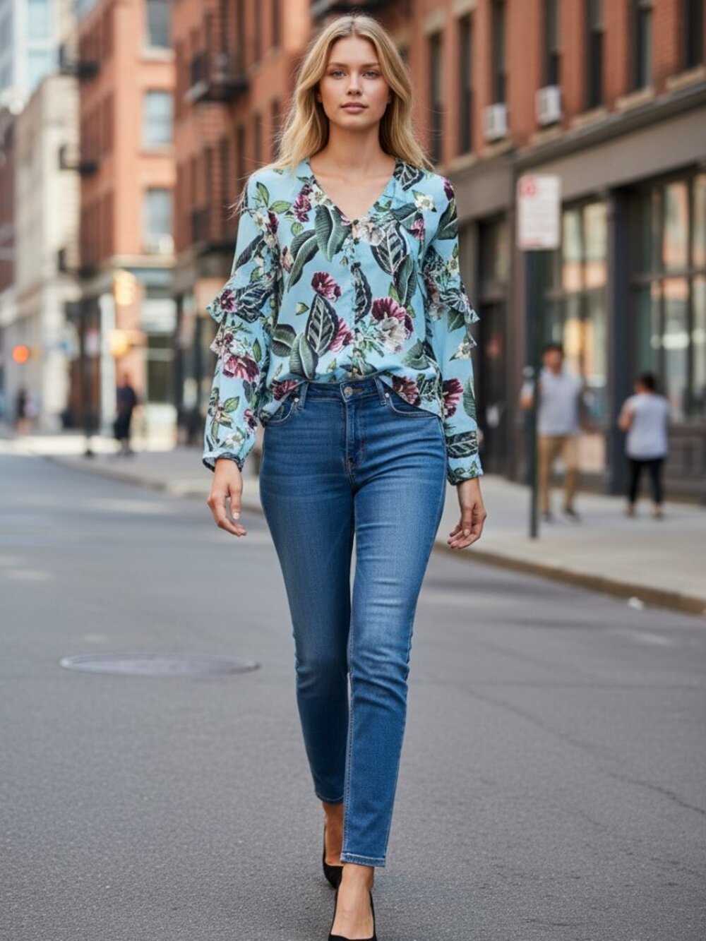 Nicholas 100%  Silk Floral V‎ Neck Blouse tropical Aqua Blue 6 Preowned